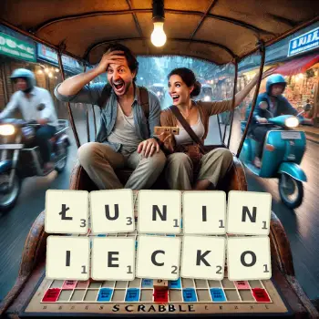 Kreatywna ilustracja do gry w Scrabble ze słowem ŁUNINIECKO ułożonym z płytek na planszy.