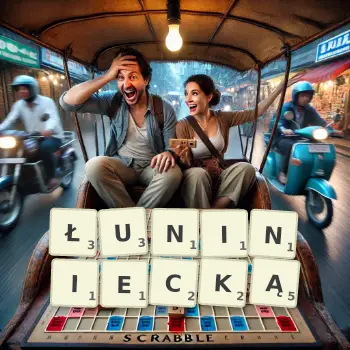 Kreatywna ilustracja do gry w Scrabble ze słowem ŁUNINIECKĄ ułożonym z płytek na planszy.