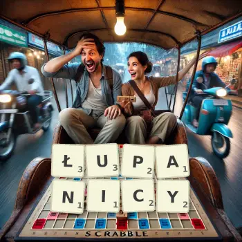 Kreatywna ilustracja do gry w Scrabble ze słowem ŁUPANICY ułożonym z płytek na planszy.