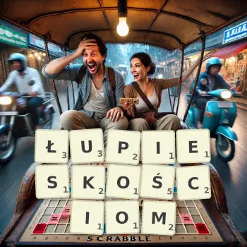 Kreatywna ilustracja do gry w Scrabble ze słowem ŁUPIESKOŚCIOM ułożonym z płytek na planszy.
