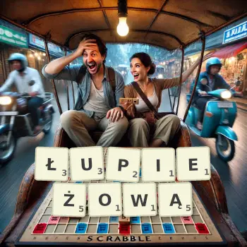 Kreatywna ilustracja do gry w Scrabble ze słowem ŁUPIEŻOWĄ ułożonym z płytek na planszy.