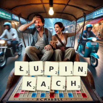 Kreatywna ilustracja do gry w Scrabble ze słowem ŁUPINKACH ułożonym z płytek na planszy.