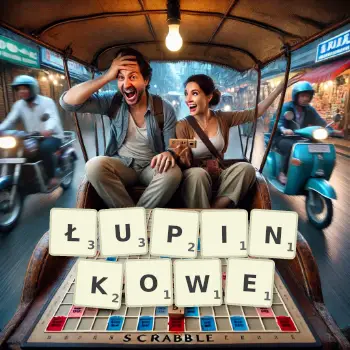 Kreatywna ilustracja do gry w Scrabble ze słowem ŁUPINKOWE ułożonym z płytek na planszy.