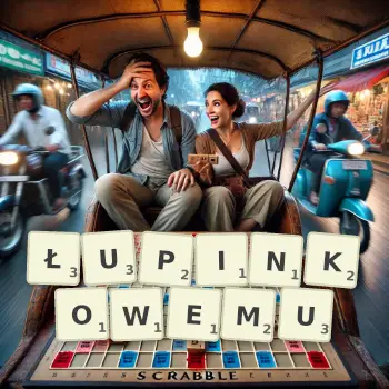 Kreatywna ilustracja do gry w Scrabble ze słowem ŁUPINKOWEMU ułożonym z płytek na planszy.