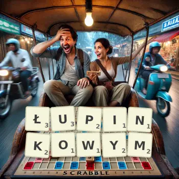 Kreatywna ilustracja do gry w Scrabble ze słowem ŁUPINKOWYM ułożonym z płytek na planszy.