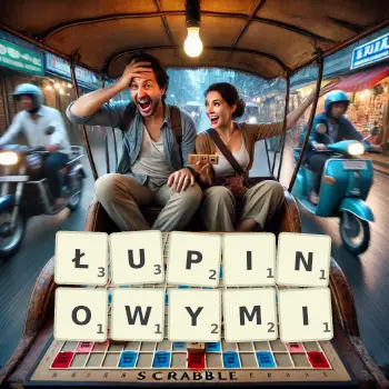 Kreatywna ilustracja do gry w Scrabble ze słowem ŁUPINOWYMI ułożonym z płytek na planszy.
