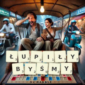 Kreatywna ilustracja do gry w Scrabble ze słowem ŁUPIŁYBYŚMY ułożonym z płytek na planszy.