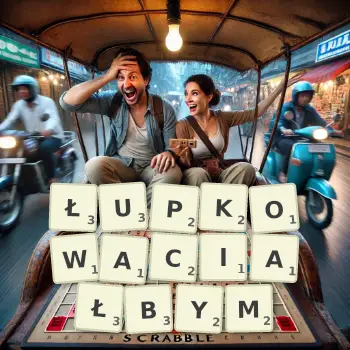 Kreatywna ilustracja do gry w Scrabble ze słowem ŁUPKOWACIAŁBYM ułożonym z płytek na planszy.