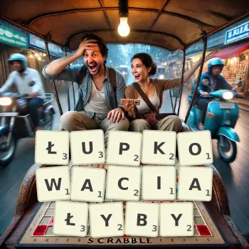 Kreatywna ilustracja do gry w Scrabble ze słowem ŁUPKOWACIAŁYBY ułożonym z płytek na planszy.