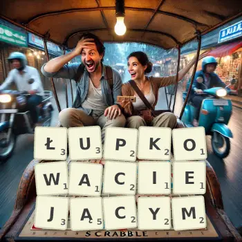 Kreatywna ilustracja do gry w Scrabble ze słowem ŁUPKOWACIEJĄCYM ułożonym z płytek na planszy.