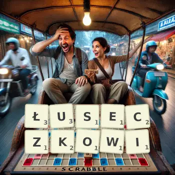 Kreatywna ilustracja do gry w Scrabble ze słowem ŁUSECZKOWI ułożonym z płytek na planszy.