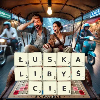 Kreatywna ilustracja do gry w Scrabble ze słowem ŁUSKALIBYŚCIE ułożonym z płytek na planszy.
