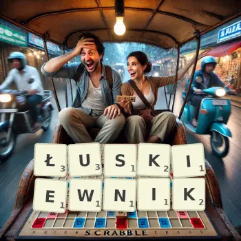 Kreatywna ilustracja do gry w Scrabble ze słowem ŁUSKIEWNIK ułożonym z płytek na planszy.