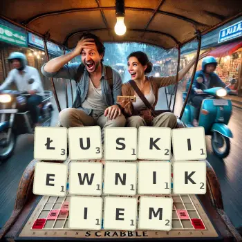 Kreatywna ilustracja do gry w Scrabble ze słowem ŁUSKIEWNIKIEM ułożonym z płytek na planszy.