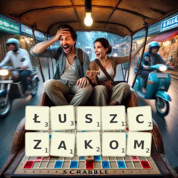 Kreatywna ilustracja do gry w Scrabble ze słowem ŁUSZCZAKOM ułożonym z płytek na planszy.