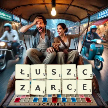 Kreatywna ilustracja do gry w Scrabble ze słowem ŁUSZCZARCE ułożonym z płytek na planszy.