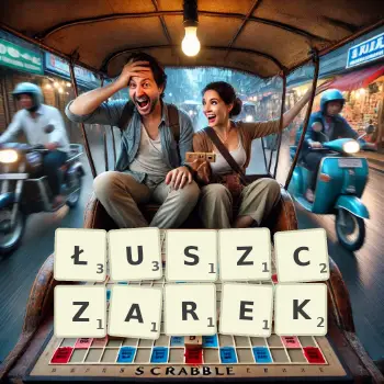 Kreatywna ilustracja do gry w Scrabble ze słowem ŁUSZCZAREK ułożonym z płytek na planszy.