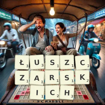Kreatywna ilustracja do gry w Scrabble ze słowem ŁUSZCZARSKICH ułożonym z płytek na planszy.