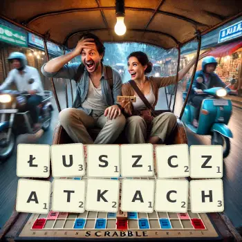Kreatywna ilustracja do gry w Scrabble ze słowem ŁUSZCZATKACH ułożonym z płytek na planszy.