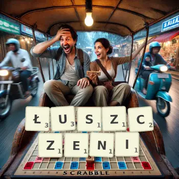 Kreatywna ilustracja do gry w Scrabble ze słowem ŁUSZCZENI ułożonym z płytek na planszy.