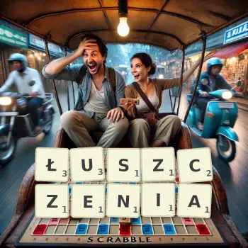 Kreatywna ilustracja do gry w Scrabble ze słowem ŁUSZCZENIA ułożonym z płytek na planszy.