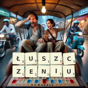 Kreatywna ilustracja do gry w Scrabble ze słowem ŁUSZCZENIU ułożonym z płytek na planszy.