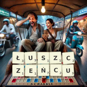 Kreatywna ilustracja do gry w Scrabble ze słowem ŁUSZCZEŃCU ułożonym z płytek na planszy.