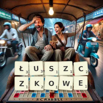 Kreatywna ilustracja do gry w Scrabble ze słowem ŁUSZCZKOWE ułożonym z płytek na planszy.