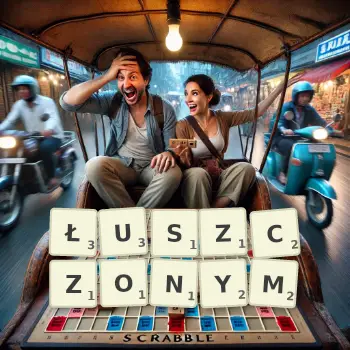Kreatywna ilustracja do gry w Scrabble ze słowem ŁUSZCZONYM ułożonym z płytek na planszy.