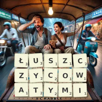 Kreatywna ilustracja do gry w Scrabble ze słowem ŁUSZCZYCOWATYMI ułożonym z płytek na planszy.