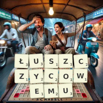 Kreatywna ilustracja do gry w Scrabble ze słowem ŁUSZCZYCOWEMU ułożonym z płytek na planszy.