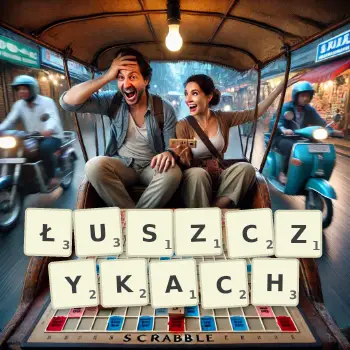 Kreatywna ilustracja do gry w Scrabble ze słowem ŁUSZCZYKACH ułożonym z płytek na planszy.