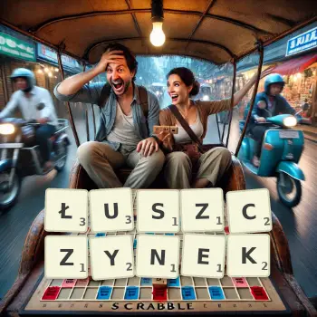 Kreatywna ilustracja do gry w Scrabble ze słowem ŁUSZCZYNEK ułożonym z płytek na planszy.
