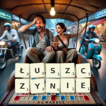 Kreatywna ilustracja do gry w Scrabble ze słowem ŁUSZCZYNIE ułożonym z płytek na planszy.