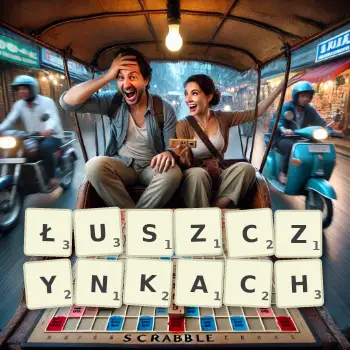 Kreatywna ilustracja do gry w Scrabble ze słowem ŁUSZCZYNKACH ułożonym z płytek na planszy.