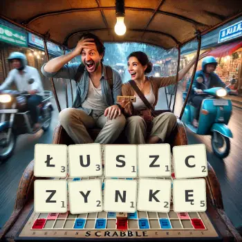 Kreatywna ilustracja do gry w Scrabble ze słowem ŁUSZCZYNKĘ ułożonym z płytek na planszy.