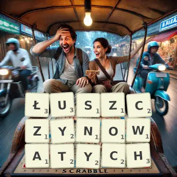 Kreatywna ilustracja do gry w Scrabble ze słowem ŁUSZCZYNOWATYCH ułożonym z płytek na planszy.