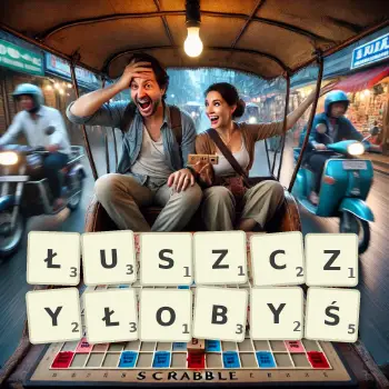 Kreatywna ilustracja do gry w Scrabble ze słowem ŁUSZCZYŁOBYŚ ułożonym z płytek na planszy.