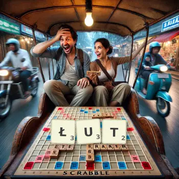 Kreatywna ilustracja do gry w Scrabble ze słowem ŁUT ułożonym z płytek na planszy.