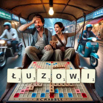 Kreatywna ilustracja do gry w Scrabble ze słowem ŁUZOWI ułożonym z płytek na planszy.
