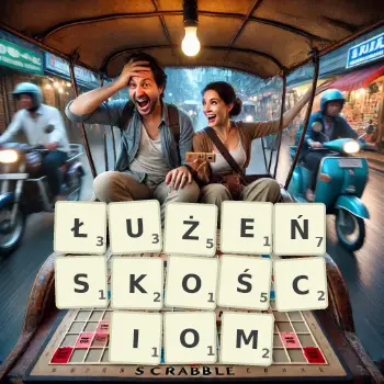 Kreatywna ilustracja do gry w Scrabble ze słowem ŁUŻEŃSKOŚCIOM ułożonym z płytek na planszy.