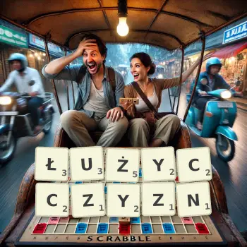 Kreatywna ilustracja do gry w Scrabble ze słowem ŁUŻYCCZYZN ułożonym z płytek na planszy.