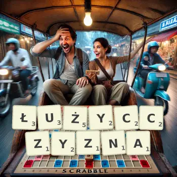Kreatywna ilustracja do gry w Scrabble ze słowem ŁUŻYCCZYZNA ułożonym z płytek na planszy.