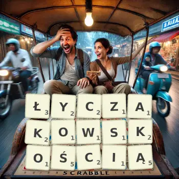 Kreatywna ilustracja do gry w Scrabble ze słowem ŁYCZAKOWSKOŚCIĄ ułożonym z płytek na planszy.