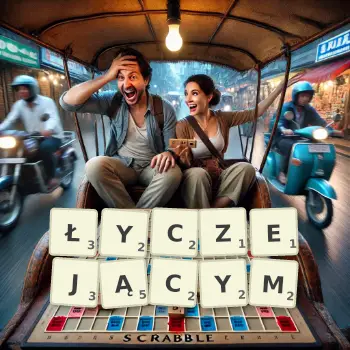 Kreatywna ilustracja do gry w Scrabble ze słowem ŁYCZEJĄCYM ułożonym z płytek na planszy.