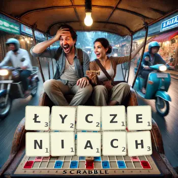Kreatywna ilustracja do gry w Scrabble ze słowem ŁYCZENIACH ułożonym z płytek na planszy.