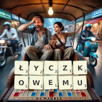 Kreatywna ilustracja do gry w Scrabble ze słowem ŁYCZKOWEMU ułożonym z płytek na planszy.