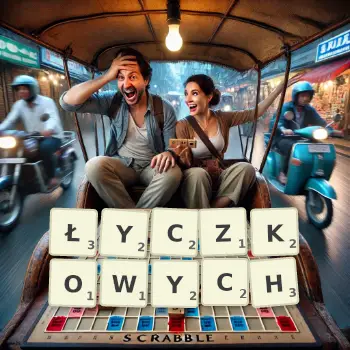 Kreatywna ilustracja do gry w Scrabble ze słowem ŁYCZKOWYCH ułożonym z płytek na planszy.