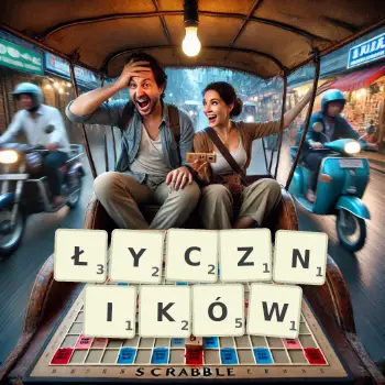 Kreatywna ilustracja do gry w Scrabble ze słowem ŁYCZNIKÓW ułożonym z płytek na planszy.