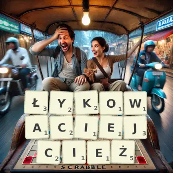 Kreatywna ilustracja do gry w Scrabble ze słowem ŁYKOWACIEJCIEŻ ułożonym z płytek na planszy.